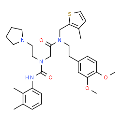 ChemSpider 2D Image | N-[2-(3,4-Dimethoxyphenyl)ethyl]-N~2~-[(2,3-dimethylphenyl)carbamoyl]-N-[(3-methyl-2-thienyl)methyl]-N~2~-[2-(1-pyrrolidinyl)ethyl]glycinamide | C33H44N4O4S