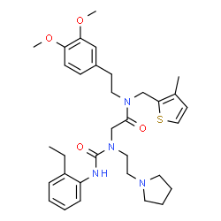 ChemSpider 2D Image | N-[2-(3,4-Dimethoxyphenyl)ethyl]-N~2~-[(2-ethylphenyl)carbamoyl]-N-[(3-methyl-2-thienyl)methyl]-N~2~-[2-(1-pyrrolidinyl)ethyl]glycinamide | C33H44N4O4S