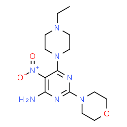 ChemSpider 2D Image | 6-(4-Ethyl-1-piperazinyl)-2-(4-morpholinyl)-5-nitro-4-pyrimidinamine | C14H23N7O3