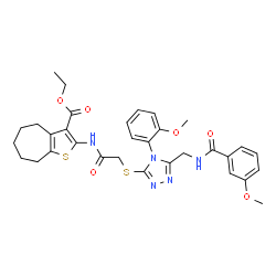 ChemSpider 2D Image | Ethyl 2-[({[5-{[(3-methoxybenzoyl)amino]methyl}-4-(2-methoxyphenyl)-4H-1,2,4-triazol-3-yl]sulfanyl}acetyl)amino]-5,6,7,8-tetrahydro-4H-cyclohepta[b]thiophene-3-carboxylate | C32H35N5O6S2