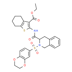 ChemSpider 2D Image | Ethyl 2-({[2-(2,3-dihydro-1,4-benzodioxin-6-ylsulfonyl)-1,2,3,4-tetrahydro-3-isoquinolinyl]carbonyl}amino)-4,5,6,7-tetrahydro-1-benzothiophene-3-carboxylate | C29H30N2O7S2
