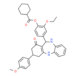 ChemSpider 2D Image | 2-Ethoxy-4-[3-(4-methoxyphenyl)-1-oxo-2,3,4,5,10,11-hexahydro-1H-dibenzo[b,e][1,4]diazepin-11-yl]phenyl cyclohexanecarboxylate | C35H38N2O5
