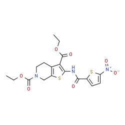 ChemSpider 2D Image | Diethyl 2-{[(5-nitro-2-thienyl)carbonyl]amino}-4,7-dihydrothieno[2,3-c]pyridine-3,6(5H)-dicarboxylate | C18H19N3O7S2