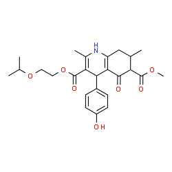ChemSpider 2D Image | 3-(2-Isopropoxyethyl) 6-methyl 4-(4-hydroxyphenyl)-2,7-dimethyl-5-oxo-1,4,5,6,7,8-hexahydro-3,6-quinolinedicarboxylate | C25H31NO7