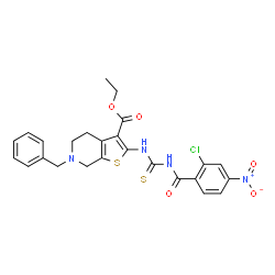 ChemSpider 2D Image | Ethyl 6-benzyl-2-{[(2-chloro-4-nitrobenzoyl)carbamothioyl]amino}-4,5,6,7-tetrahydrothieno[2,3-c]pyridine-3-carboxylate | C25H23ClN4O5S2