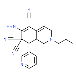 ChemSpider 2D Image | 6-Amino-2-propyl-8-(3-pyridinyl)-2,3,8,8a-tetrahydro-5,7,7(1H)-isoquinolinetricarbonitrile | C20H20N6