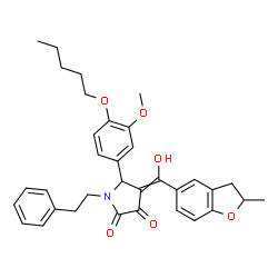 ChemSpider 2D Image | 4-[Hydroxy(2-methyl-2,3-dihydro-1-benzofuran-5-yl)methylene]-5-[3-methoxy-4-(pentyloxy)phenyl]-1-(2-phenylethyl)-2,3-pyrrolidinedione | C34H37NO6