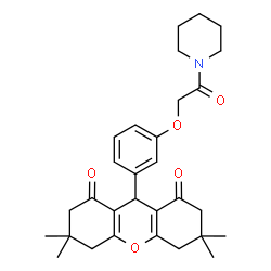 ChemSpider 2D Image | 3,3,6,6-Tetramethyl-9-{3-[2-oxo-2-(1-piperidinyl)ethoxy]phenyl}-3,4,5,6,7,9-hexahydro-1H-xanthene-1,8(2H)-dione | C30H37NO5