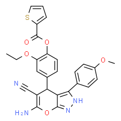 ChemSpider 2D Image | 4-[6-Amino-5-cyano-3-(4-methoxyphenyl)-2,4-dihydropyrano[2,3-c]pyrazol-4-yl]-2-ethoxyphenyl 2-thiophenecarboxylate | C27H22N4O5S