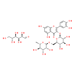 ChemSpider 2D Image | 2-(3,4-Dihydroxyphenyl)-5,7-dihydroxy-4-oxo-4H-chromen-3-yl 6-O-(6-deoxy-alpha-L-mannopyranosyl)-beta-D-glucopyranoside - D-glucose (1:1) | C33H42O22