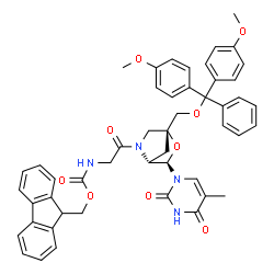 ChemSpider 2D Image | 9H-Fluoren-9-ylmethyl {2-[(1R,3R,4R)-1-{[bis(4-methoxyphenyl)(phenyl)methoxy]methyl}-3-(5-methyl-2,4-dioxo-3,4-dihydro-1(2H)-pyrimidinyl)-2-oxa-5-azabicyclo[2.2.1]hept-5-yl]-2-oxoethyl}carbamate | C49H46N4O9