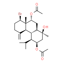 ChemSpider 2D Image | (1S,3R,4S,4aS,4bS,8R,8aS,9R,10aR)-8-Bromo-1-hydroxy-4-isopropyl-1,8a-dimethyl-5-methylenetetradecahydrophenanthrene-3,9-diyl diacetate | C24H37BrO5