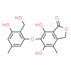 ChemSpider 2D Image | 5,7-Dihydroxy-6-[3-hydroxy-2-(hydroxymethyl)-5-methylphenoxy]-4-methyl-2-benzofuran-1(3H)-one | C17H16O7