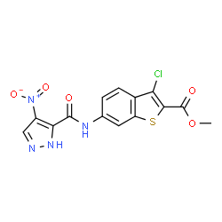 ChemSpider 2D Image | Methyl 3-chloro-6-{[(4-nitro-1H-pyrazol-5-yl)carbonyl]amino}-1-benzothiophene-2-carboxylate | C14H9ClN4O5S