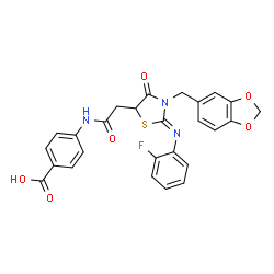 ChemSpider 2D Image | 4-[({(2Z)-3-(1,3-Benzodioxol-5-ylmethyl)-2-[(2-fluorophenyl)imino]-4-oxo-1,3-thiazolidin-5-yl}acetyl)amino]benzoic acid | C26H20FN3O6S