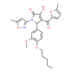 ChemSpider 2D Image | 3-Hydroxy-5-[3-methoxy-4-(pentyloxy)phenyl]-4-(5-methyl-2-furoyl)-1-(5-methyl-1,2-oxazol-3-yl)-1,5-dihydro-2H-pyrrol-2-one | C26H28N2O7