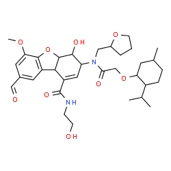 ChemSpider 2D Image | 8-Formyl-4-hydroxy-N-(2-hydroxyethyl)-3-[{[(2-isopropyl-5-methylcyclohexyl)oxy]acetyl}(tetrahydro-2-furanylmethyl)amino]-6-methoxy-3,4,4a,9b-tetrahydrodibenzo[b,d]furan-1-carboxamide | C34H48N2O9