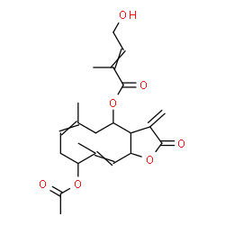 ChemSpider 2D Image | 9-Acetoxy-6,10-dimethyl-3-methylene-2-oxo-2,3,3a,4,5,8,9,11a-octahydrocyclodeca[b]furan-4-yl 4-hydroxy-2-methyl-2-butenoate | C22H28O7