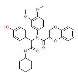 ChemSpider 2D Image | N-[2-(Cyclohexylamino)-1-(4-hydroxyphenyl)-2-oxoethyl]-N-(3,4-dimethoxyphenyl)-2,3-dihydro-1,4-benzodioxine-2-carboxamide | C31H34N2O7
