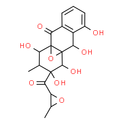 ChemSpider 2D Image | 1,2,3,4-Tetrahydro-1,3,4,5,10-pentahydroxy-2-methyl-3-[(3-methyloxiranyl)carbonyl]-4a,9a-epoxyanthracen-9(10H)-one | C19H20O9