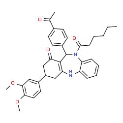 ChemSpider 2D Image | 11-(4-Acetylphenyl)-3-(3,4-dimethoxyphenyl)-10-hexanoyl-2,3,4,5,10,11-hexahydro-1H-dibenzo[b,e][1,4]diazepin-1-one | C35H38N2O5