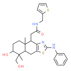 ChemSpider 2D Image | 2-[2-Anilino-7-hydroxy-8-(hydroxymethyl)-4a,8-dimethyl-4,4a,5,6,7,8,8a,9-octahydronaphtho[2,3-d][1,3]thiazol-4-yl]-N-(2-thienylmethyl)acetamide | C27H33N3O3S2