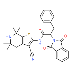 ChemSpider 2D Image | N-(3-Cyano-5,5,7,7-tetramethyl-4,5,6,7-tetrahydrothieno[2,3-c]pyridin-2-yl)-2-(1,3-dioxo-1,3-dihydro-2H-isoindol-2-yl)-3-phenylpropanamide | C29H28N4O3S