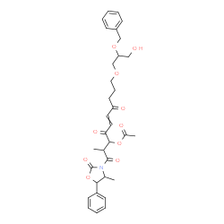 ChemSpider 2D Image | 10-[2-(Benzyloxy)-3-hydroxypropoxy]-2-methyl-1-(4-methyl-2-oxo-5-phenyl-1,3-oxazolidin-3-yl)-1,4,7-trioxo-5-decen-3-yl acetate | C33H39NO10