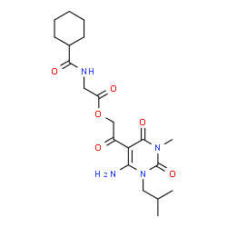 ChemSpider 2D Image | 2-(6-Amino-1-isobutyl-3-methyl-2,4-dioxo-1,2,3,4-tetrahydro-5-pyrimidinyl)-2-oxoethyl N-(cyclohexylcarbonyl)glycinate | C20H30N4O6