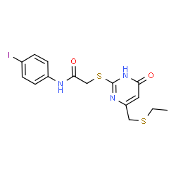 ChemSpider 2D Image | 2-({4-[(Ethylsulfanyl)methyl]-6-oxo-1,6-dihydro-2-pyrimidinyl}sulfanyl)-N-(4-iodophenyl)acetamide | C15H16IN3O2S2