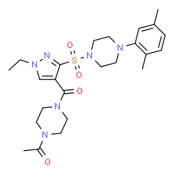 ChemSpider 2D Image | 1-{4-[(3-{[4-(2,5-Dimethylphenyl)-1-piperazinyl]sulfonyl}-1-ethyl-1H-pyrazol-4-yl)carbonyl]-1-piperazinyl}ethanone | C24H34N6O4S