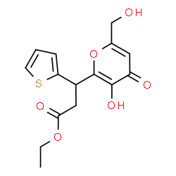ChemSpider 2D Image | Ethyl 3-[3-hydroxy-6-(hydroxymethyl)-4-oxo-4H-pyran-2-yl]-3-(2-thienyl)propanoate | C15H16O6S