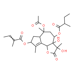 ChemSpider 2D Image | 6-Acetoxy-3,3a-dihydroxy-3,6,9-trimethyl-4-[(2-methylbutanoyl)oxy]-2-oxo-2,3,3a,4,5,6,6a,7,8,9b-decahydroazuleno[4,5-b]furan-8-yl 2-methyl-2-butenoate | C27H38O10