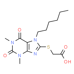 ChemSpider 2D Image | [(7-Hexyl-1,3-dimethyl-2,6-dioxo-2,3,6,7-tetrahydro-1H-purin-8-yl)sulfanyl]acetic acid | C15H22N4O4S