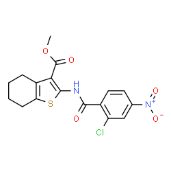 ChemSpider 2D Image | Methyl 2-[(2-chloro-4-nitrobenzoyl)amino]-4,5,6,7-tetrahydro-1-benzothiophene-3-carboxylate | C17H15ClN2O5S
