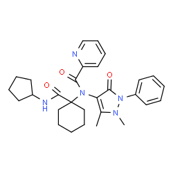 ChemSpider 2D Image | N-[1-(Cyclopentylcarbamoyl)cyclohexyl]-N-(1,5-dimethyl-3-oxo-2-phenyl-2,3-dihydro-1H-pyrazol-4-yl)-2-pyridinecarboxamide | C29H35N5O3