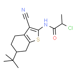 ChemSpider 2D Image | 2-Chloro-N-[3-cyano-6-(2-methyl-2-propanyl)-4,5,6,7-tetrahydro-1-benzothiophen-2-yl]propanamide | C16H21ClN2OS