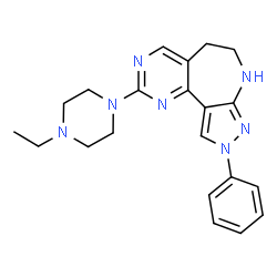 ChemSpider 2D Image | 2-(4-Ethyl-1-piperazinyl)-9-phenyl-5,6,7,9-tetrahydropyrazolo[3,4-b]pyrimido[4,5-d]azepine | C21H25N7