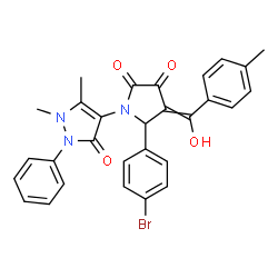 ChemSpider 2D Image | 5-(4-Bromophenyl)-1-(1,5-dimethyl-3-oxo-2-phenyl-2,3-dihydro-1H-pyrazol-4-yl)-4-[hydroxy(4-methylphenyl)methylene]-2,3-pyrrolidinedione | C29H24BrN3O4
