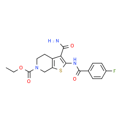 ChemSpider 2D Image | Ethyl 3-carbamoyl-2-[(4-fluorobenzoyl)amino]-4,7-dihydrothieno[2,3-c]pyridine-6(5H)-carboxylate | C18H18FN3O4S