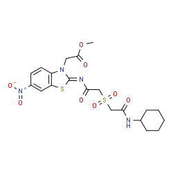ChemSpider 2D Image | Methyl [(2Z)-2-[({[2-(cyclohexylamino)-2-oxoethyl]sulfonyl}acetyl)imino]-6-nitro-1,3-benzothiazol-3(2H)-yl]acetate | C20H24N4O8S2