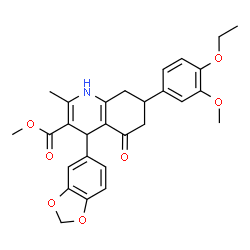 ChemSpider 2D Image | Methyl 4-(1,3-benzodioxol-5-yl)-7-(4-ethoxy-3-methoxyphenyl)-2-methyl-5-oxo-1,4,5,6,7,8-hexahydro-3-quinolinecarboxylate | C28H29NO7