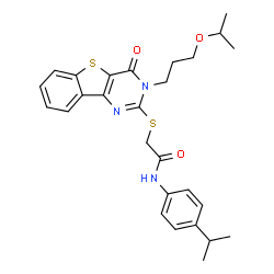 ChemSpider 2D Image | 2-{[3-(3-Isopropoxypropyl)-4-oxo-3,4-dihydro[1]benzothieno[3,2-d]pyrimidin-2-yl]sulfanyl}-N-(4-isopropylphenyl)acetamide | C27H31N3O3S2
