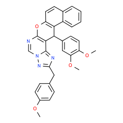 ChemSpider 2D Image | 14-(3,4-Dimethoxyphenyl)-2-(4-methoxybenzyl)-14H-benzo[5,6]chromeno[3,2-e][1,2,4]triazolo[1,5-c]pyrimidine | C32H26N4O4