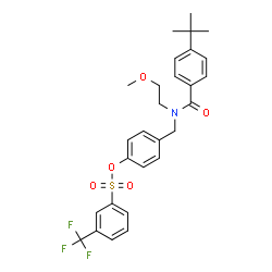ChemSpider 2D Image | 4-({(2-Methoxyethyl)[4-(2-methyl-2-propanyl)benzoyl]amino}methyl)phenyl 3-(trifluoromethyl)benzenesulfonate | C28H30F3NO5S