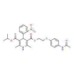 ChemSpider 2D Image | 2-(4-Acetamidophenoxy)ethyl isopropyl 2,6-dimethyl-4-(2-nitrophenyl)-1,4-dihydro-3,5-pyridinedicarboxylate | C28H31N3O8