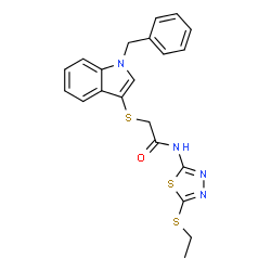 ChemSpider 2D Image | 2-[(1-Benzyl-1H-indol-3-yl)sulfanyl]-N-[5-(ethylsulfanyl)-1,3,4-thiadiazol-2-yl]acetamide | C21H20N4OS3