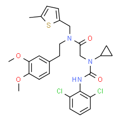 ChemSpider 2D Image | N~2~-Cyclopropyl-N~2~-[(2,6-dichlorophenyl)carbamoyl]-N-[2-(3,4-dimethoxyphenyl)ethyl]-N-[(5-methyl-2-thienyl)methyl]glycinamide | C28H31Cl2N3O4S
