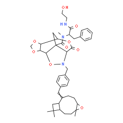 ChemSpider 2D Image | N-{1-[(2-Hydroxyethyl)amino]-1-oxo-3-phenyl-2-propanyl}-N-methyl-9-oxo-11-{4-[(4,12,12-trimethyl-5-oxatricyclo[8.2.0.0~4,6~]dodec-9-ylidene)methyl]benzyl}-3,5,8,12-tetraoxa-11-azatetracyclo[5.5.2.0~2,
6~.0~10,13~]tetradecane-13-carboxamide | C44H55N3O9