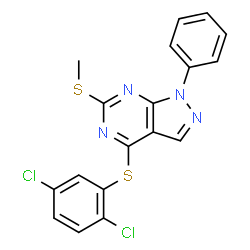 ChemSpider 2D Image | 4-[(2,5-Dichlorophenyl)sulfanyl]-6-(methylsulfanyl)-1-phenyl-1H-pyrazolo[3,4-d]pyrimidine | C18H12Cl2N4S2